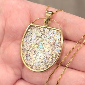 Large 14K Roman Glass Pendant, Ancient Colorful Shard Israeli Artisan Luxury